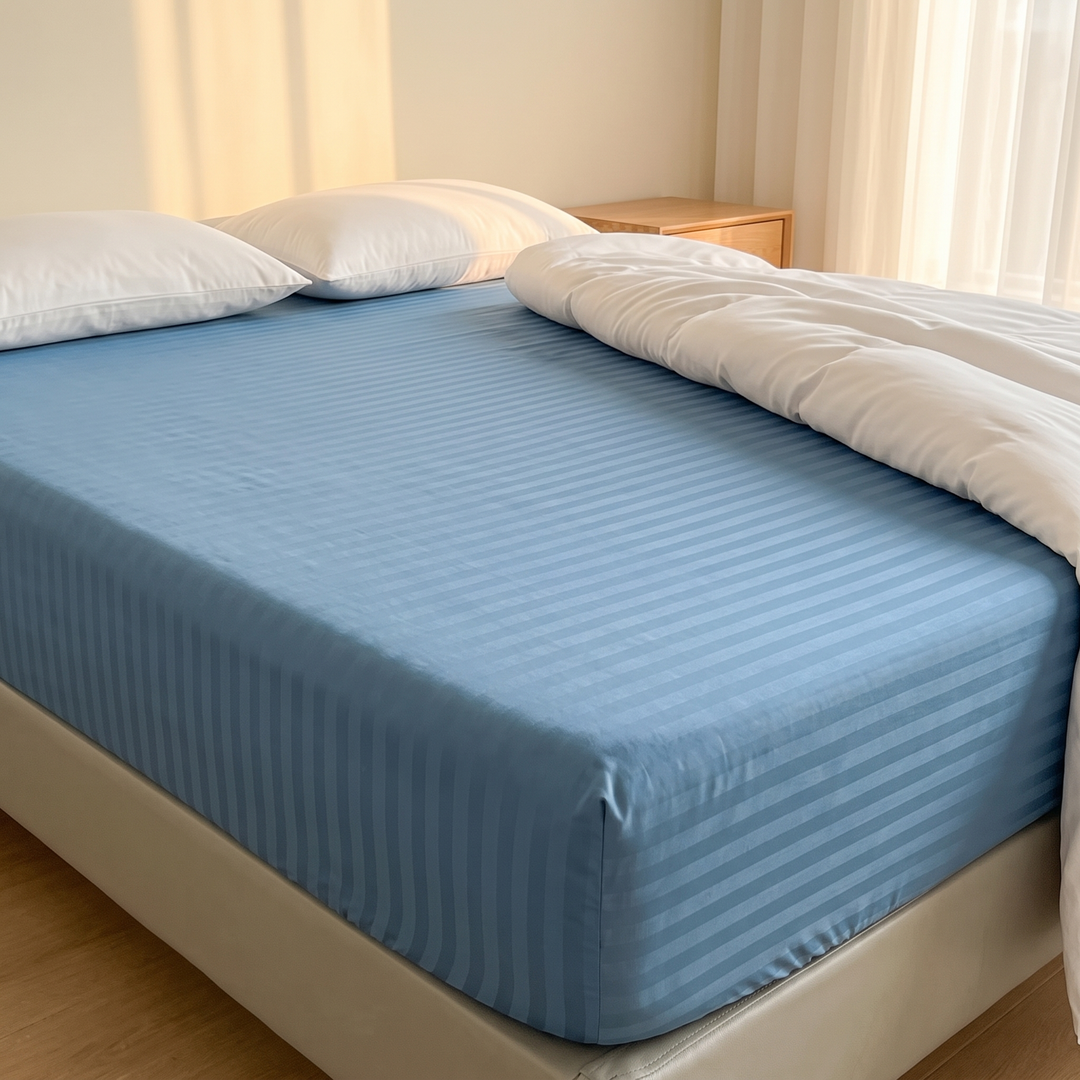 Striped Fitted Sheet – Tone-on-Tone in Blue – fitted on a mattress with white pillows and duvet in a sunlit bedroom