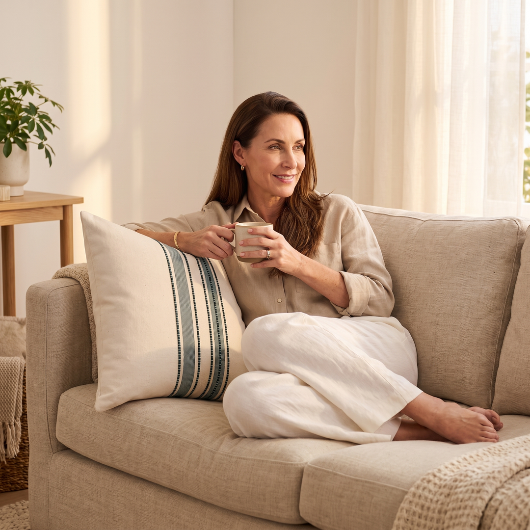 Striped Throw Pillow Cover in Teal Stripe – beside a woman holding a mug in a sunlit room