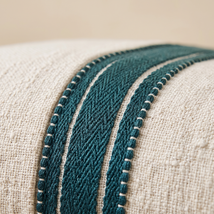Striped Throw Pillow Cover in Teal Stripe – close-up of woven stripe trim and textured slub fabric