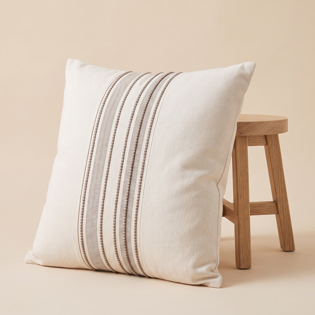 Striped Throw Pillow Cover in Beige Stripe – leaning against a light wood stool on a peach backdrop