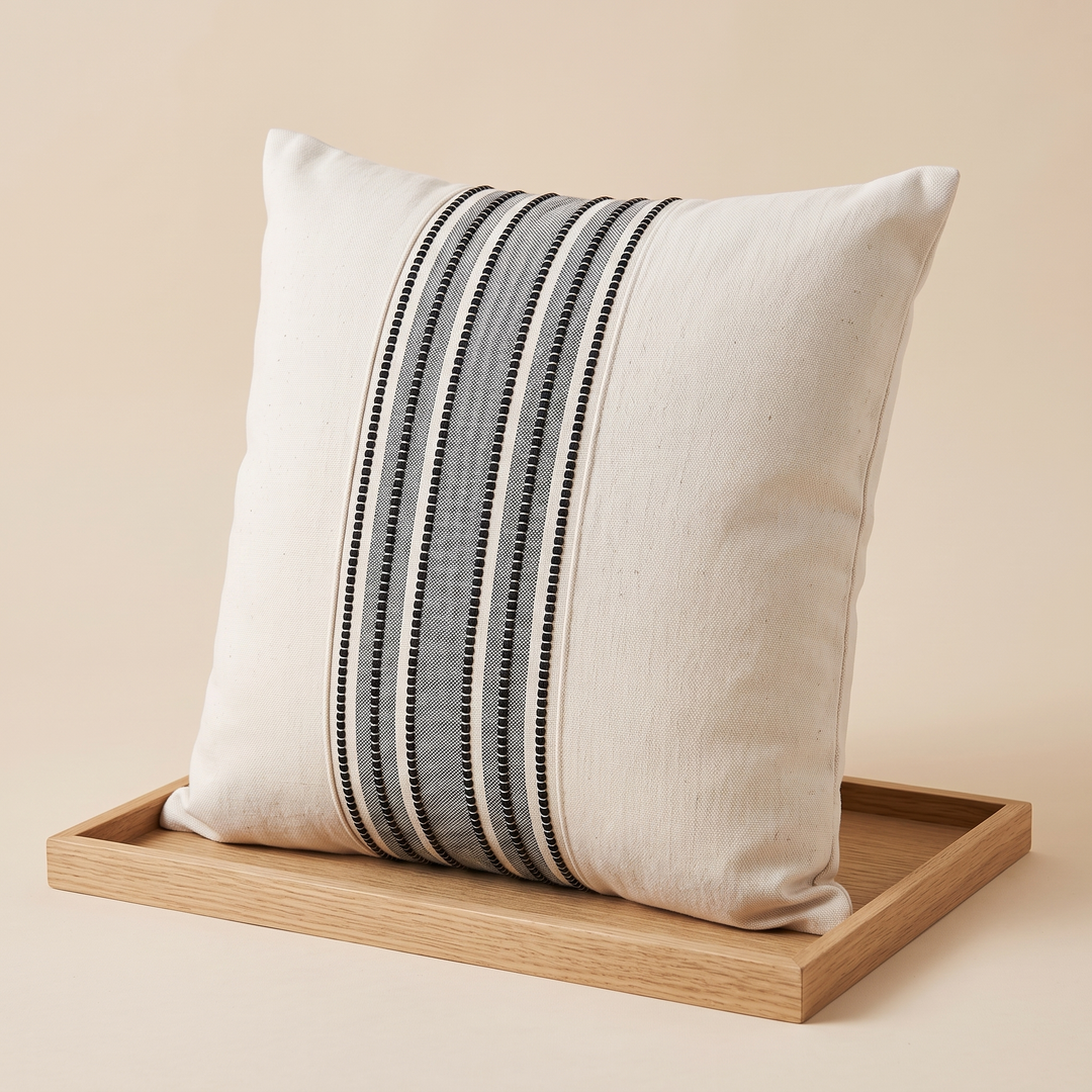Striped Throw Pillow Cover in Black Stripe – propped on a shallow light wood tray, seen from an angle