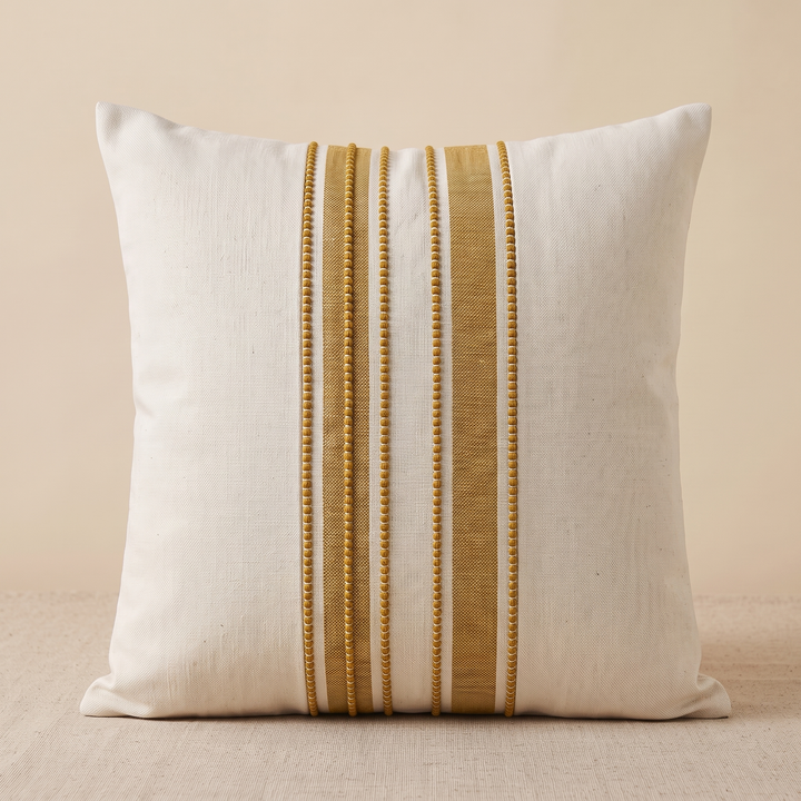 Striped Throw Pillow Cover in Mustard Stripe – straight-on view of centered vertical beaded and flat stripes