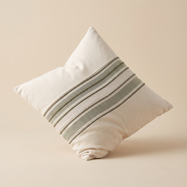 Striped Throw Pillow Cover in Olive Green Stripe – balanced on one corner in a tilted diamond position