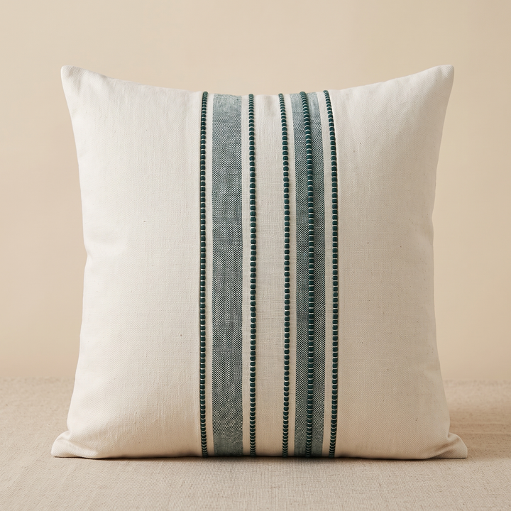 Striped Throw Pillow Cover in Teal Stripe – front view standing upright against a plain beige backdrop