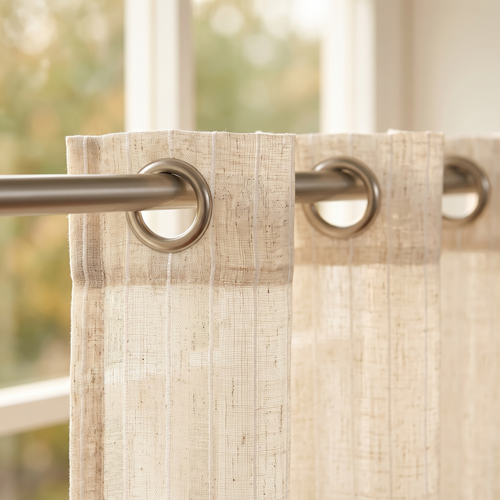 Striped Sheer Curtain Panel – Linen Look in Oat – close-up of metal grommets on a rod by a window