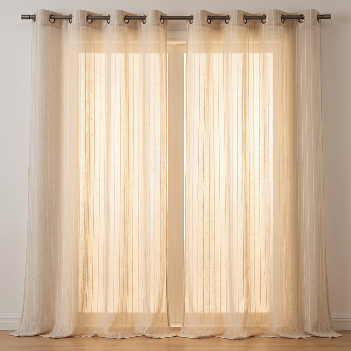 Striped Sheer Curtain Panel – Linen Look in Oat – two panels hung on a rod by grommets, front view