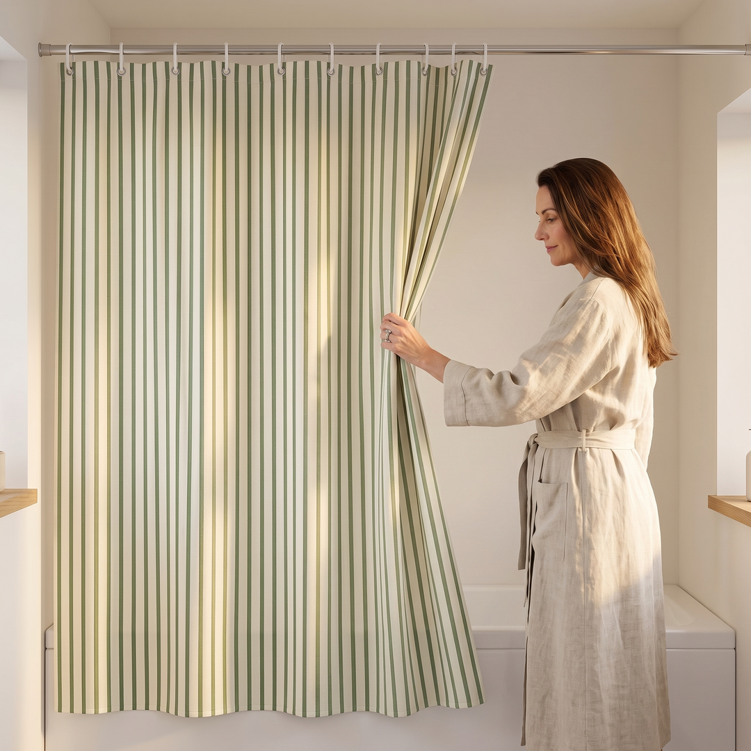 Striped Shower Curtain with Hooks in Sage Green Stripe – woman in a linen robe drawing the curtain aside