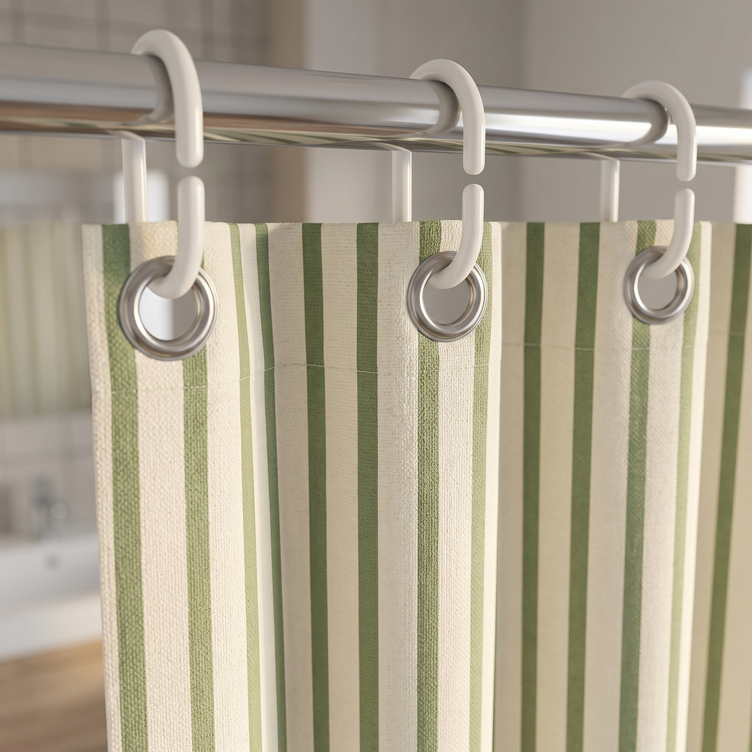 Striped Shower Curtain with Hooks in Sage Green Stripe – close-up of grommets and white hooks on a metal rod