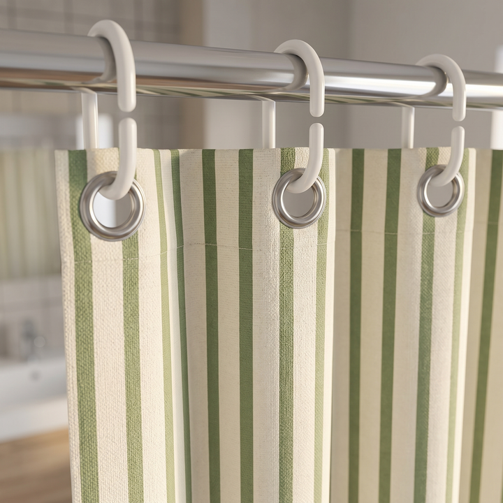 Striped Shower Curtain with Hooks in Sage Green Stripe – close-up of grommets and white hooks on a metal rod