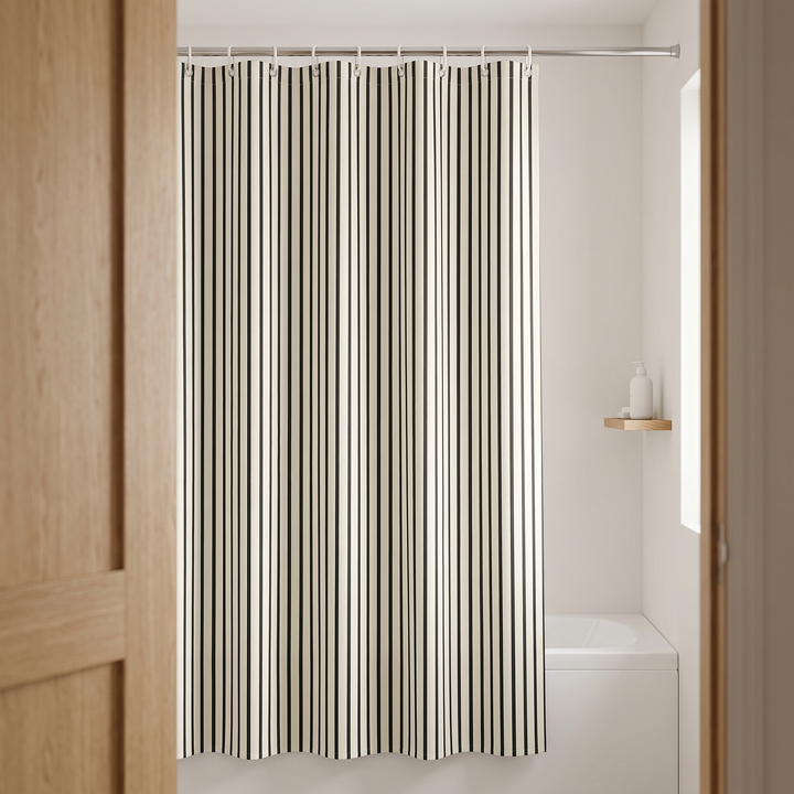 Striped Shower Curtain with Hooks in Black Stripe – viewed through an open wooden doorway into a bathroom