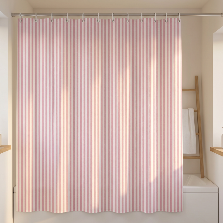 Striped Shower Curtain with Hooks in Pink Stripe – in soft sunlight beside a wooden ladder rack with towel