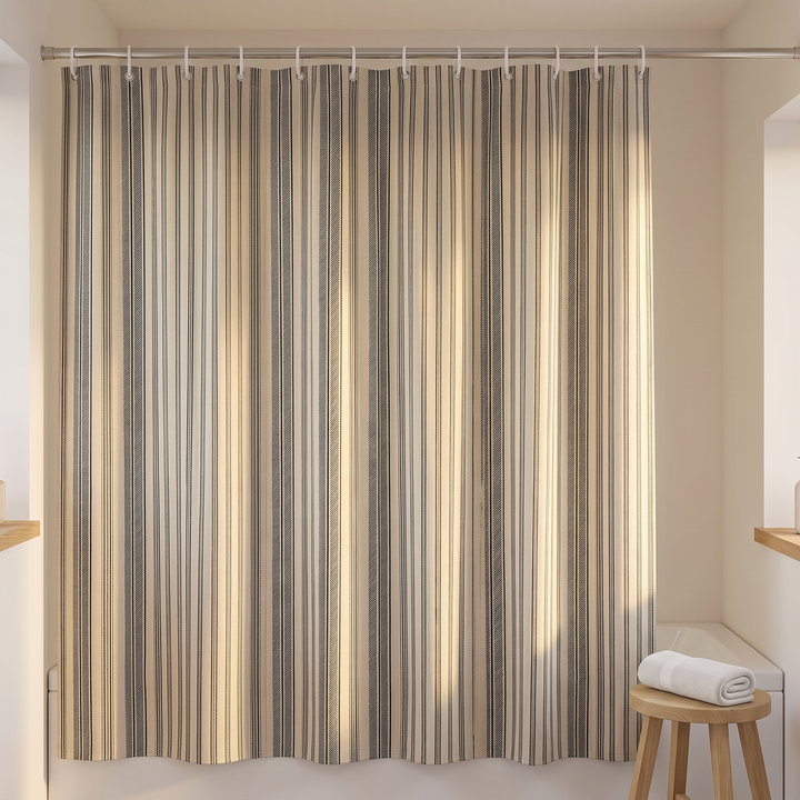Striped Shower Curtain with Hooks in Tan Ticking Stripe – straight-on front view beside a wooden stool with rolled towel