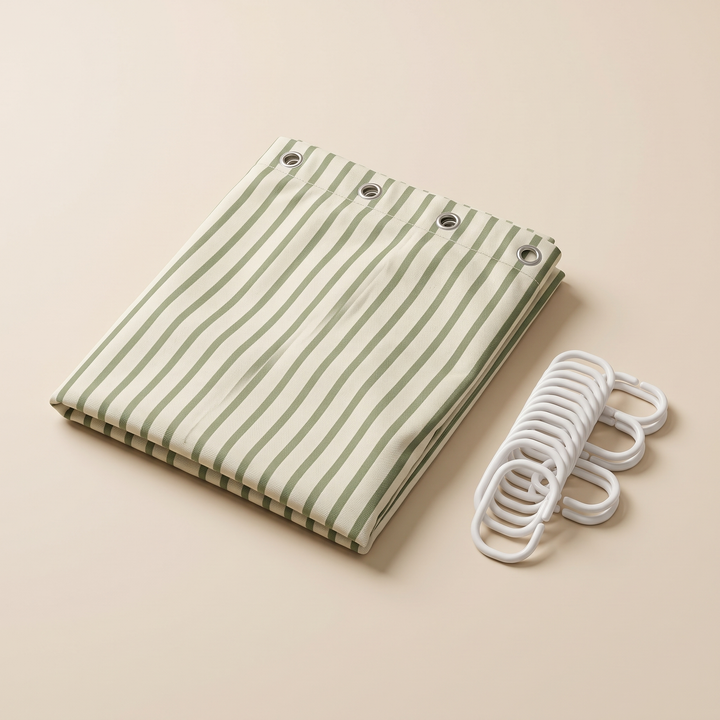 Striped Shower Curtain with Hooks in Sage Green Stripe – folded flat on a beige surface beside a stack of white hooks