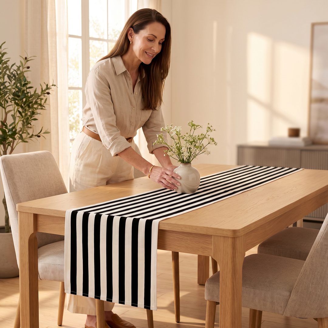 Striped Table Runner in Black Stripe – woman placing a flowers vase on it in sunlit dining room