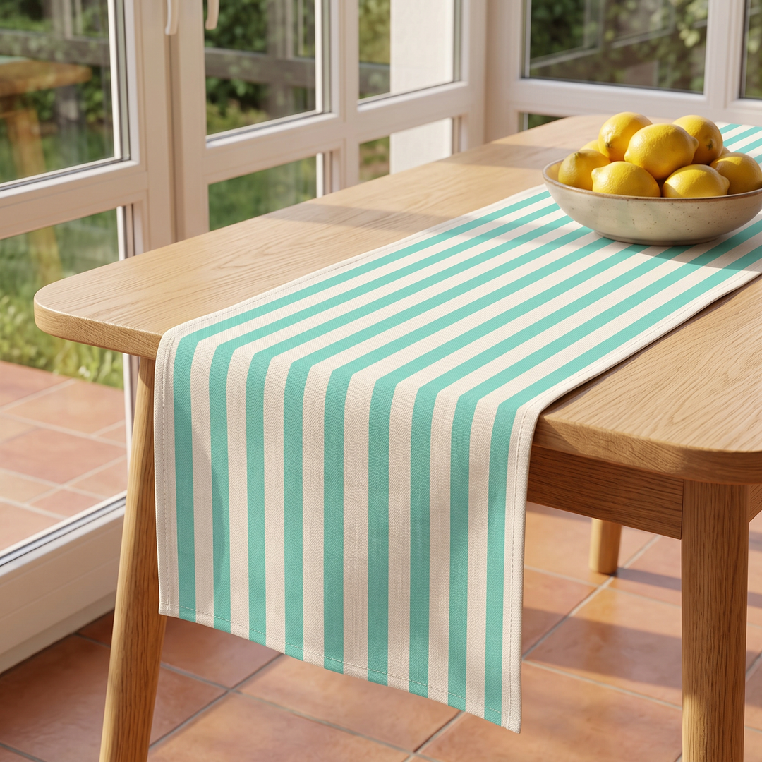Striped Table Runner in Aqua Stripe – bowl of lemons on oak table in tiled sunroom
