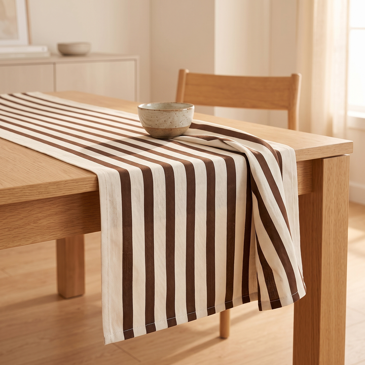 Striped Table Runner in Brown Stripe – angled view with a speckled ceramic bowl, wooden chair behind