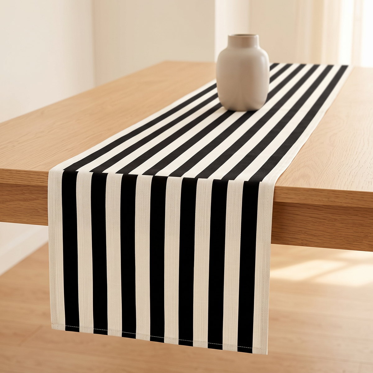 Striped Table Runner in Black Stripe – draped over a light oak table with a vase