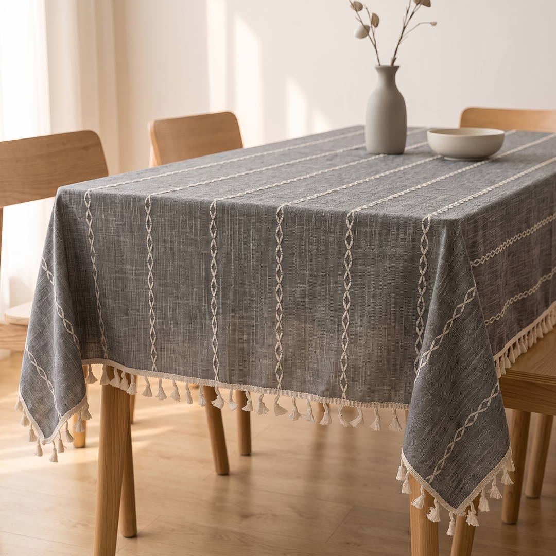 Striped Tassel Tablecloth – Linen Look in Dark Gray Stripe – angled side view with white bowl, dried stems, sheer curtain