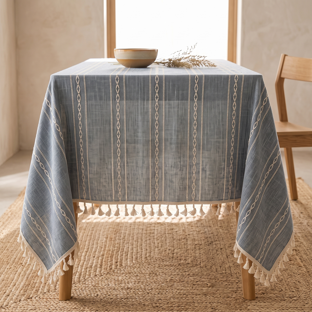Striped Tassel Tablecloth – Linen Look in Dusty Blue Stripe – on a table over a jute rug by a chair