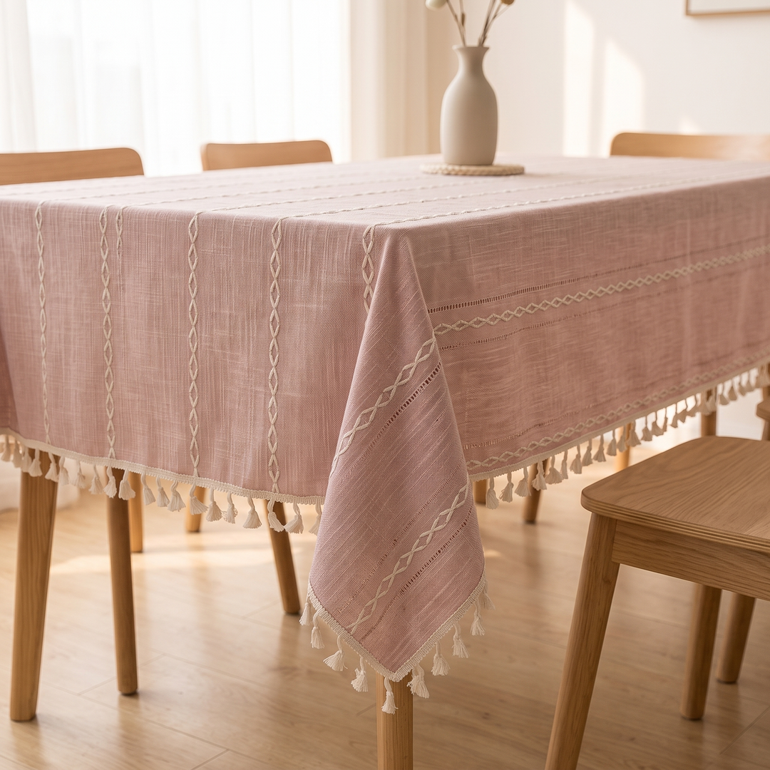 Striped Tassel Tablecloth – Linen Look in Dusty Pink Stripe – low corner view, vase on woven mat, sunlit floor