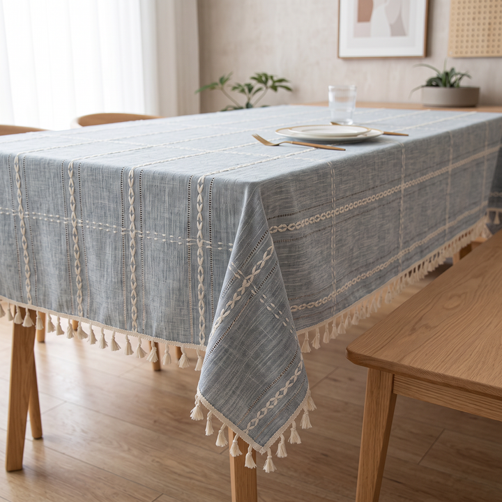 Striped Tassel Tablecloth – Linen Look in Light Blue Grid – set with plate, cutlery and glass beside a wooden bench
