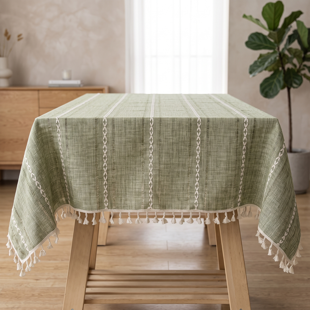 Striped Tassel Tablecloth – Linen Look in Olive Green Stripe – straight-on table end view with potted fig plant beside it