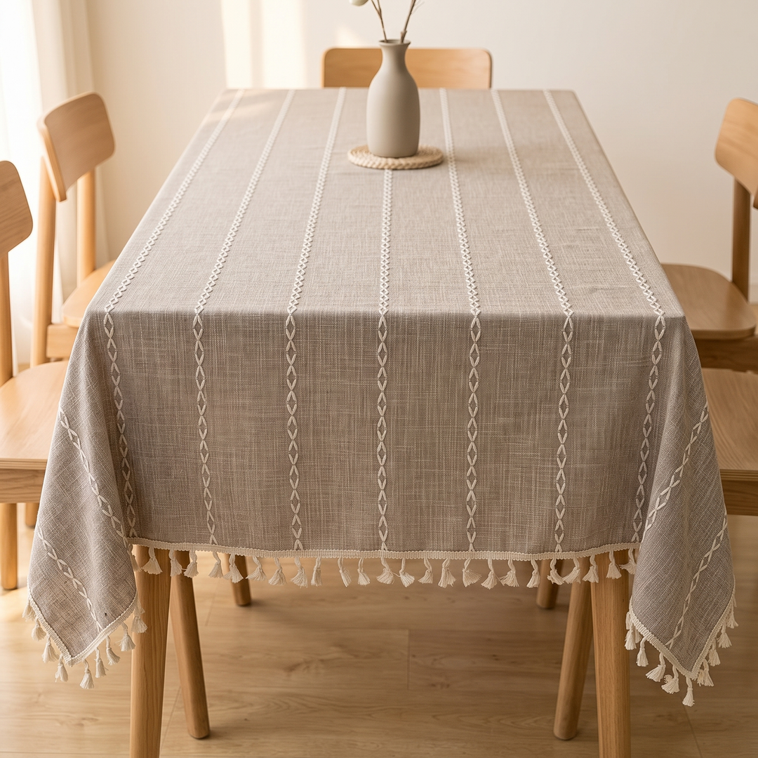 Striped Tassel Tablecloth – Linen Look in Taupe Stripe – on a wooden dining table with a vase and chairs