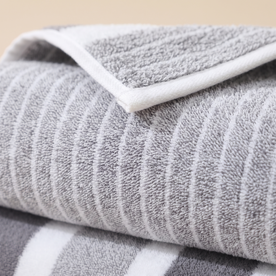 Striped Bath Towel Set – 8 Piece in Gray Stripe – close-up of folded towels showing terry loops and white hem