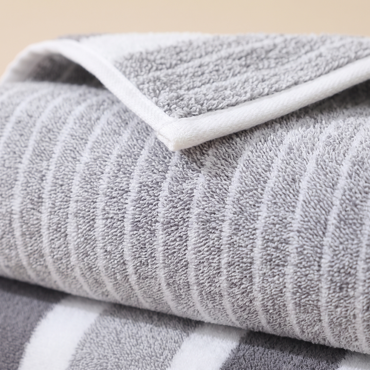 Striped Bath Towel Set – 8 Piece in Gray Stripe – close-up of folded towels showing terry loops and white hem