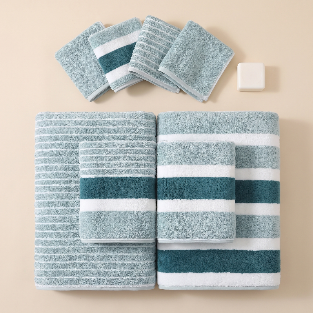 Striped Bath Towel Set – 8 Piece in Aqua Stripe – hand towels layered on bath towels beside a square soap bar