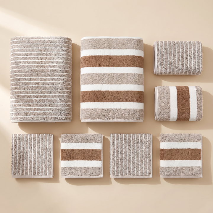 Striped Bath Towel Set – 8 Piece in Taupe Stripe – flat lay of all eight folded towels arranged in rows