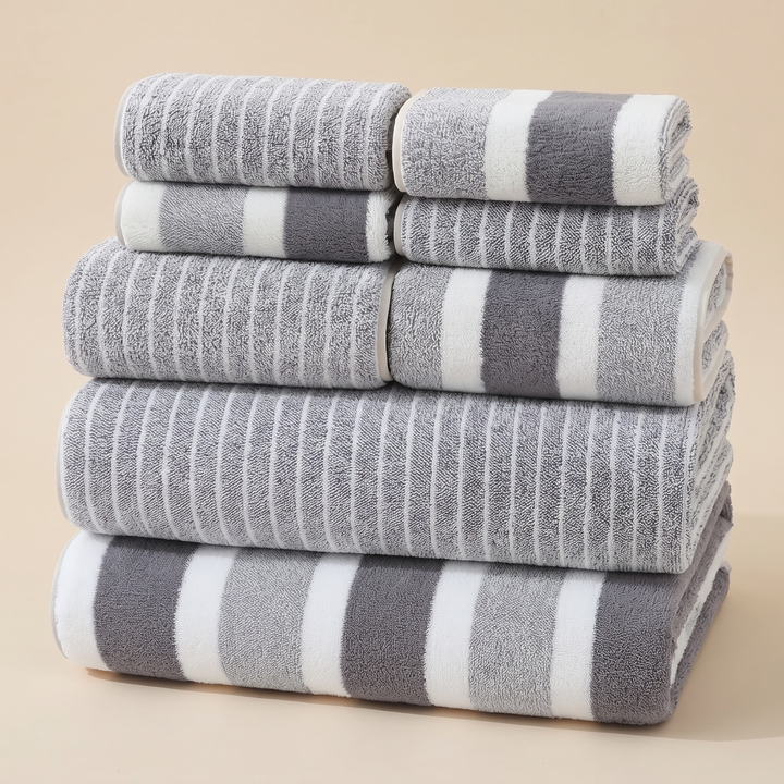 Striped Bath Towel Set – 8 Piece in Gray Stripe – folded and stacked in a pyramid on a beige background