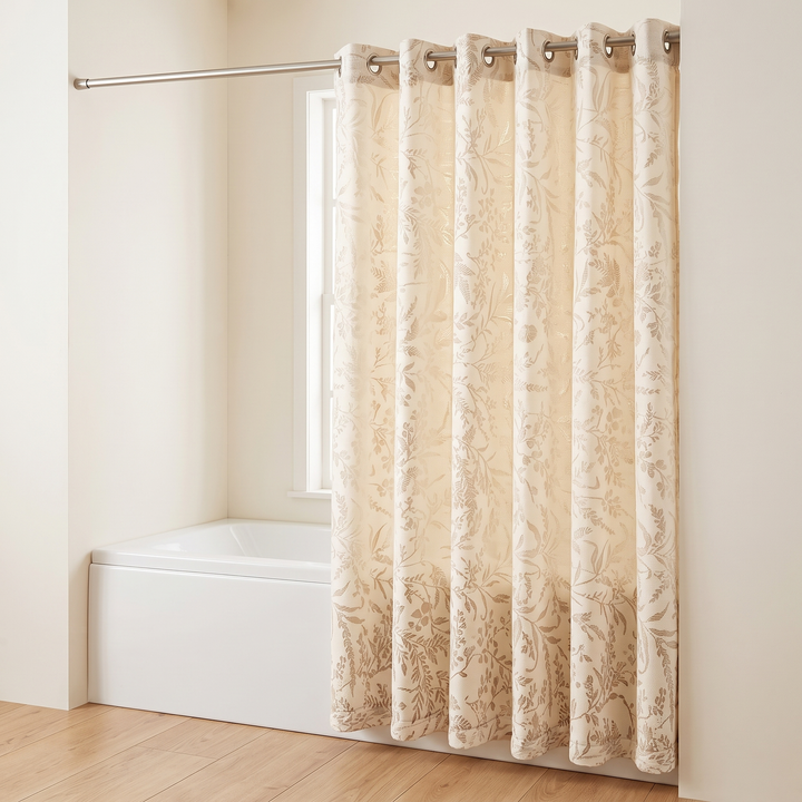 Textured Shower Curtain – Botanical Jacquard in Cream – long drop hanging to the wood floor beside a window