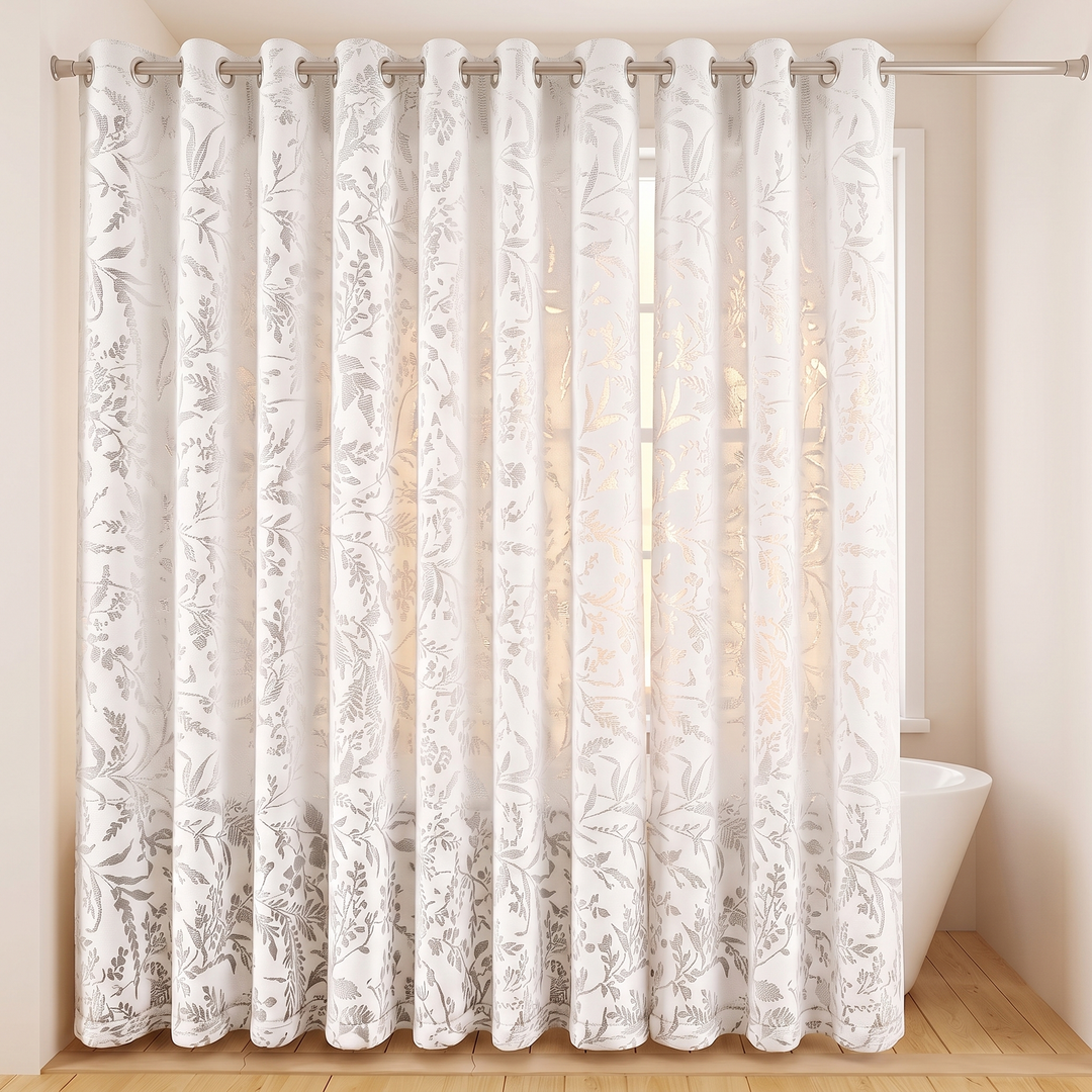 Textured Shower Curtain – Botanical Jacquard in White – hung full width on a rod in a bathroom beside a tub