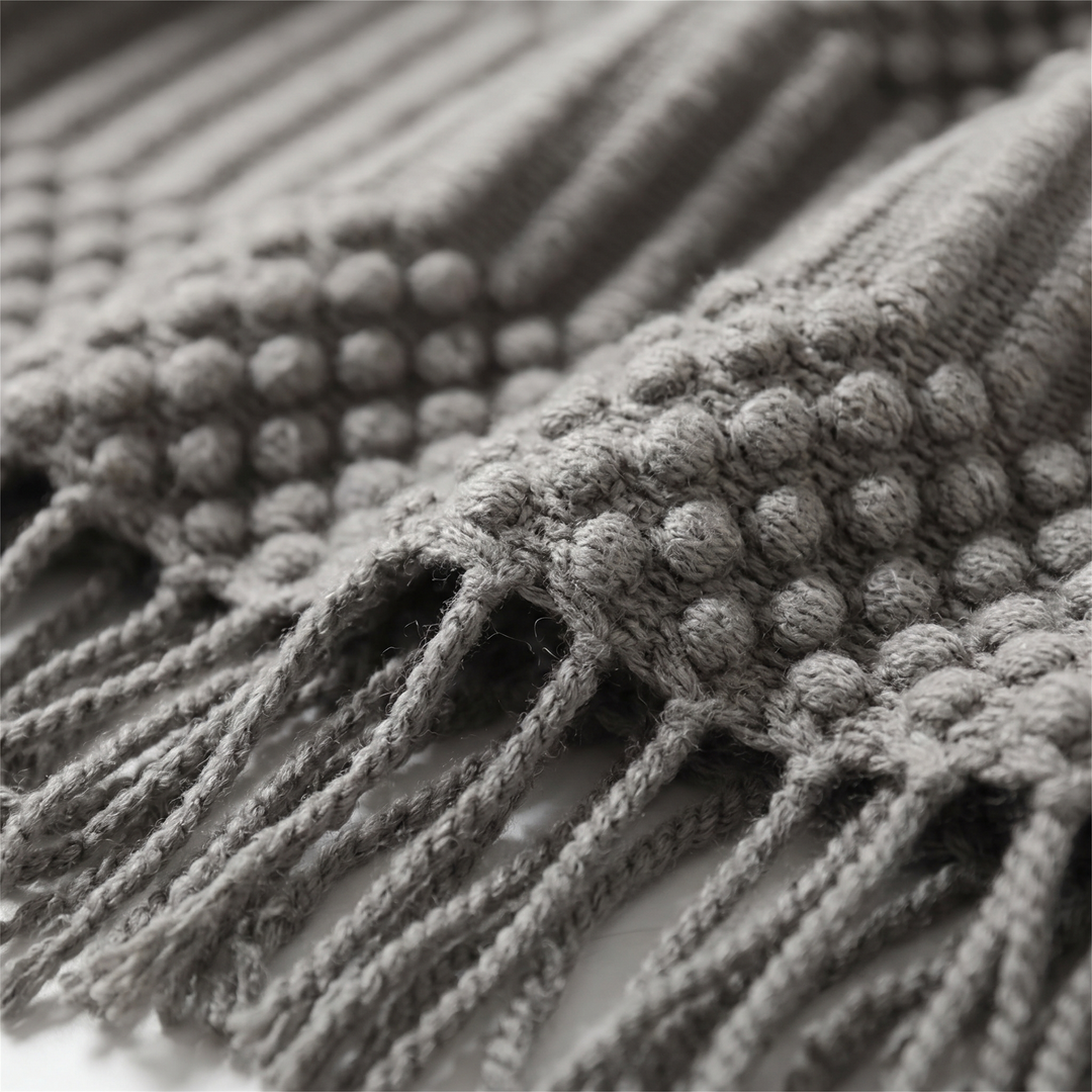Knit Throw Blanket with Fringe in Gray Bobble