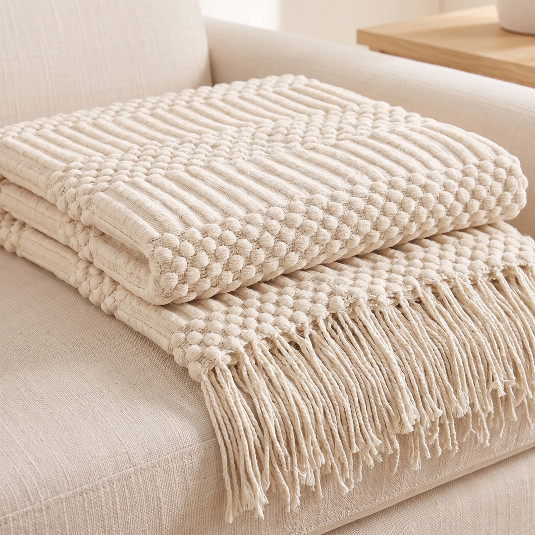 Knit Throw Blanket with Fringe in Cream Bobble – folded on a sofa seat, fringe hanging over front edge