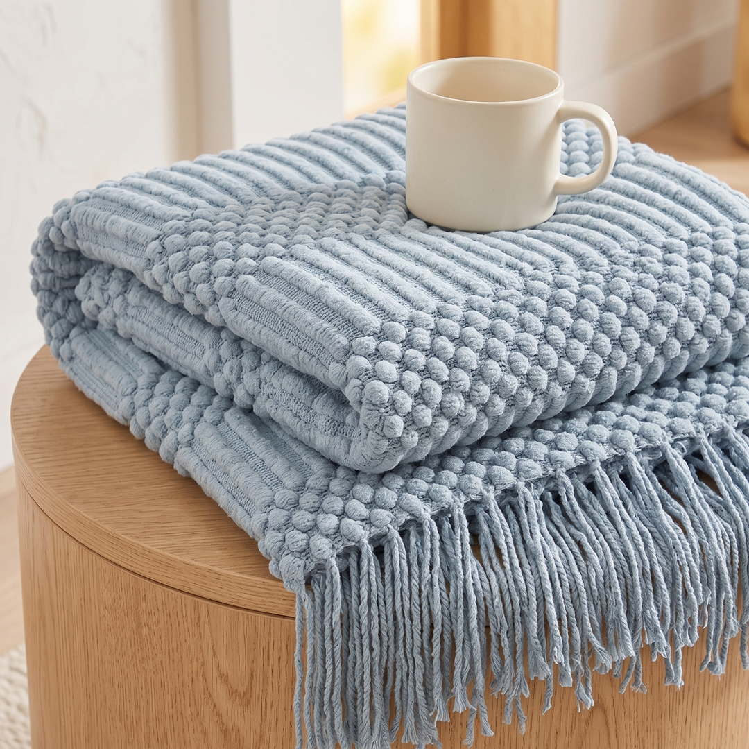 Knit Throw Blanket with Fringe in Light Blue Bobble – folded on a round wooden side table with a cream mug on top