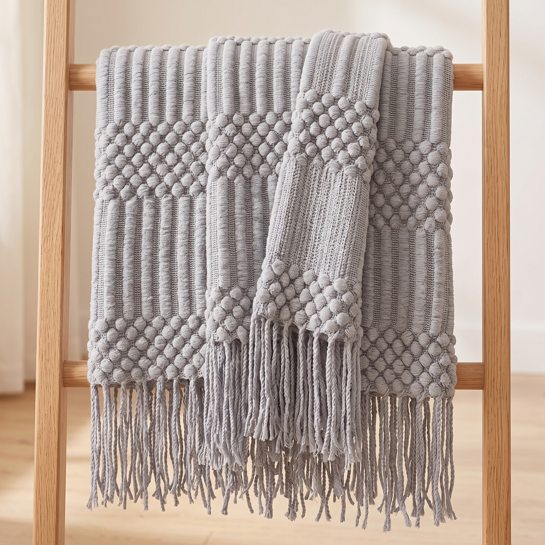 Knit Throw Blanket with Fringe in Light Gray Bobble – hanging folded over a wooden blanket ladder against a white wall