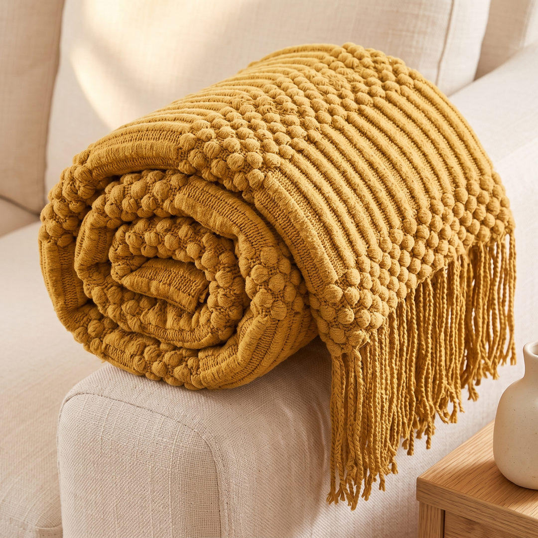 Knit Throw Blanket with Fringe in Mustard Bobble – rolled up on a sofa arm beside a wooden side table