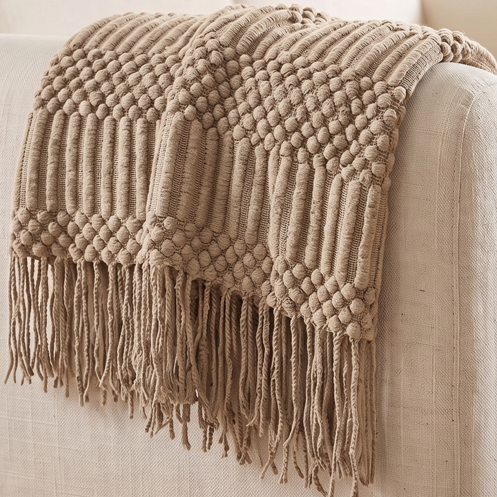 Knit Throw Blanket with Fringe in Beige Bobble