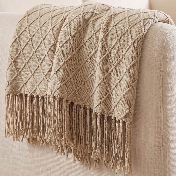 Knit Throw Blanket with Fringe in Beige Diamond