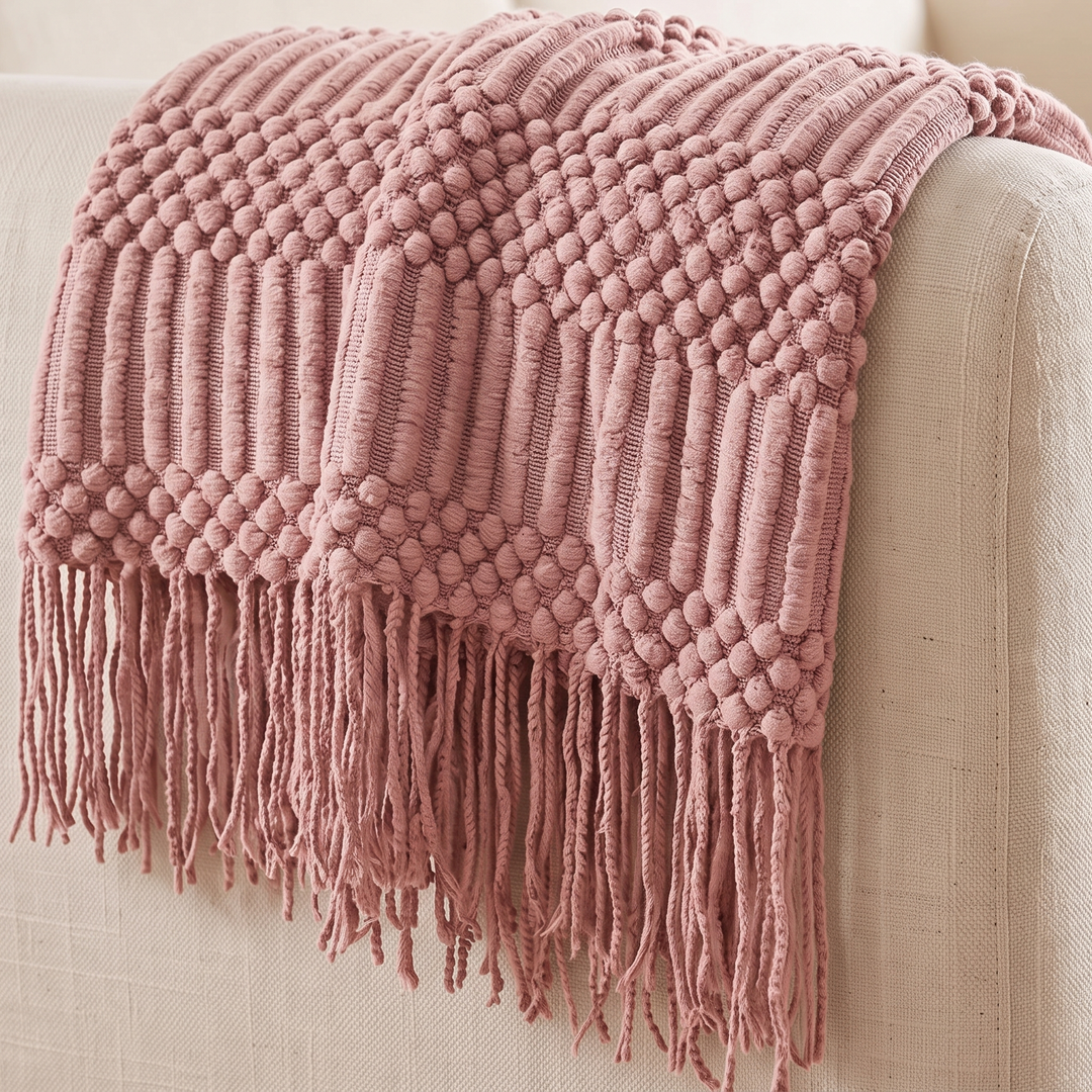 Knit Throw Blanket with Fringe in Blush Pink Bobble