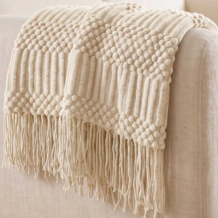 Knit Throw Blanket with Fringe in Cream Bobble