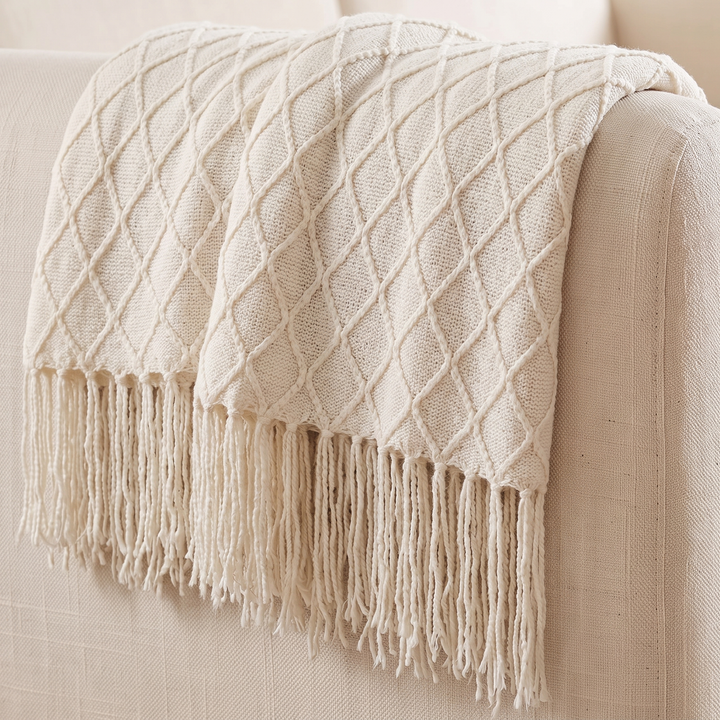 Knit Throw Blanket with Fringe in Cream Diamond