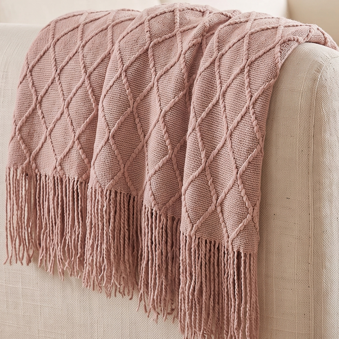 Knit Throw Blanket with Fringe in Dusty Pink Diamond