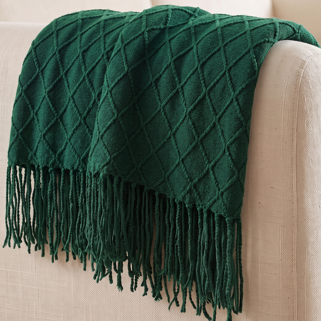 Knit Throw Blanket with Fringe in Forest Green Diamond