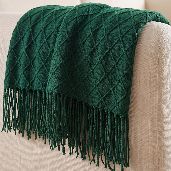 Knit Throw Blanket with Fringe in Forest Green Diamond