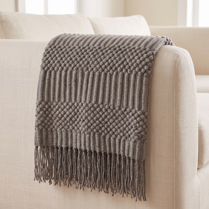 Knit Throw Blanket with Fringe in Gray Bobble – draped over the arm of a cream sofa