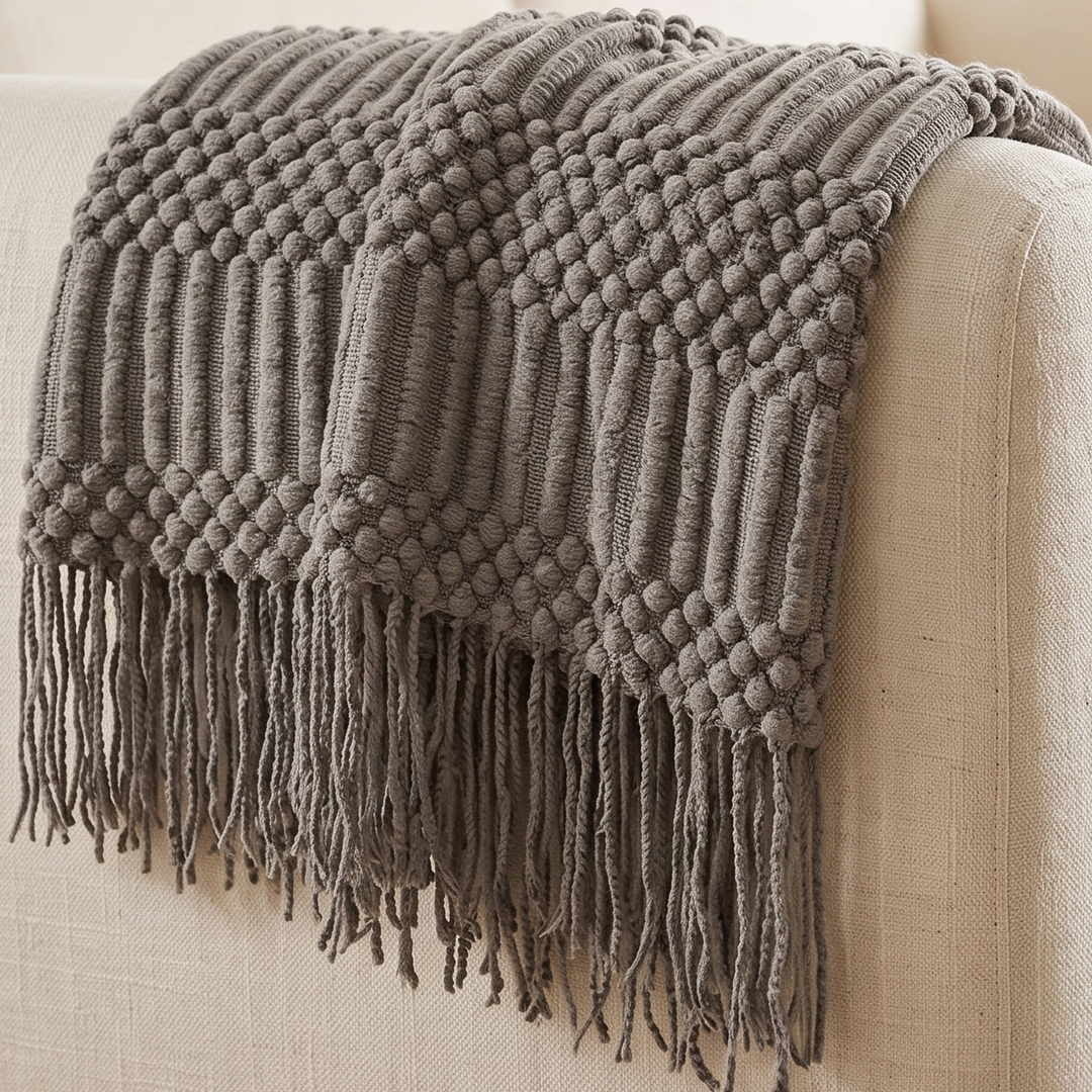 Knit Throw Blanket with Fringe in Gray Bobble