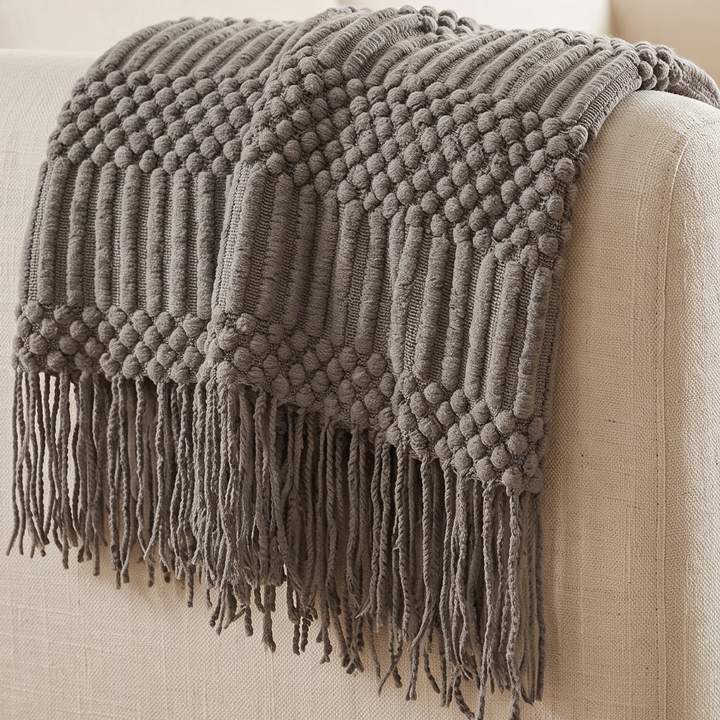 Knit Throw Blanket with Fringe in Gray Bobble